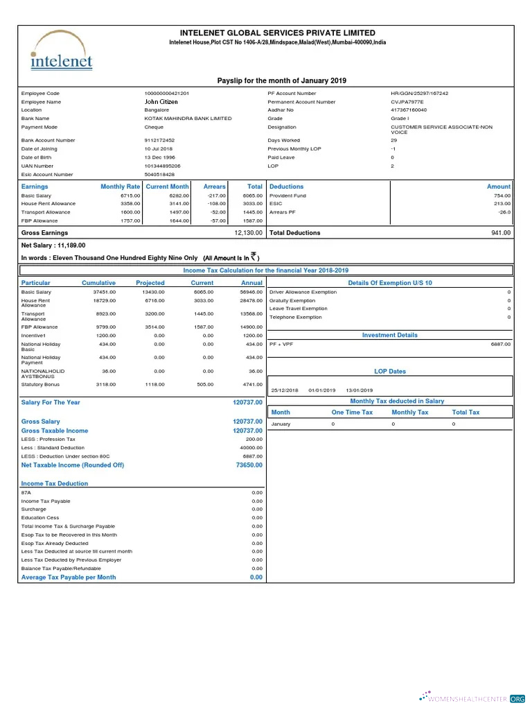 Download INDIA INTELENET Global Services Limited payslip in Word and PDF formats Photoshop template